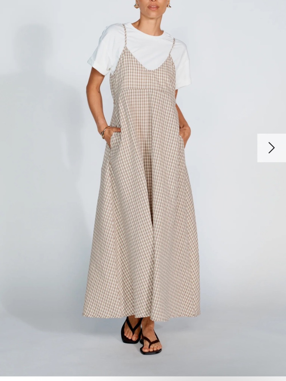 Beige Gingham Maxi Slip Dress with Thin Straps